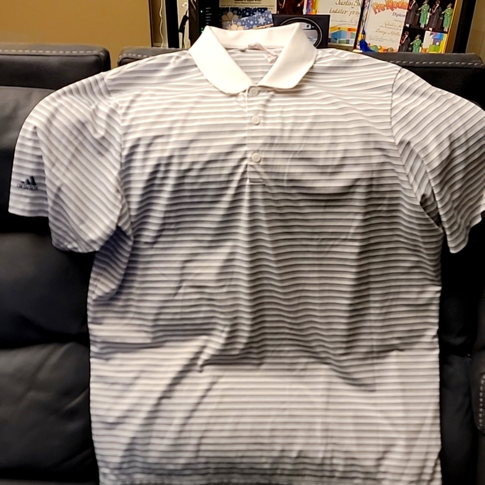 XL white/gray Adidas Short sleeve polo shirt. 100% polyester.